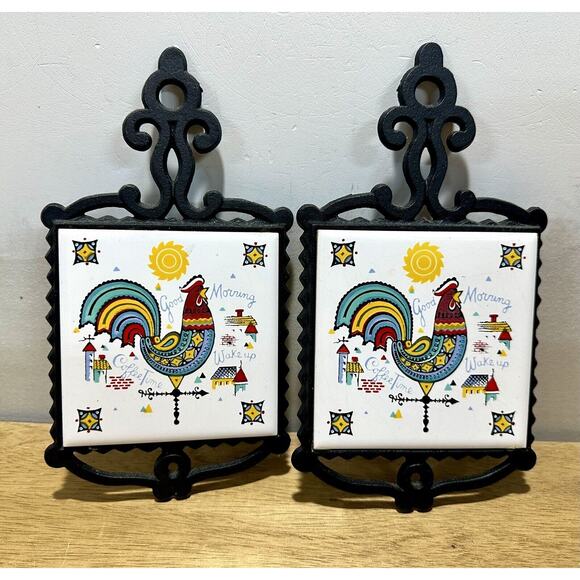 Vintage Cast Iron Rooster Tile‎ Trivets Hot Pads MCM Wall Hanging Lot 2 Japan - Picture 1 of 5